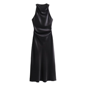 Elegant black halter satin midi dress with a smooth glossy finish and cinched waist