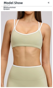 Detail of cross-back sports bra and leggings set with white contrast trim in green