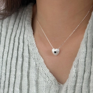 925 Sterling Silver Heart Pendant Necklace With Ripple Texture And Black Small Heart Minimalist Korean Style Jewelry For Women