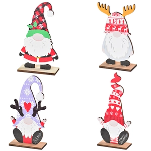 Set of 4 Christmas wooden gnome table ornaments with plaid hats and festive patterns