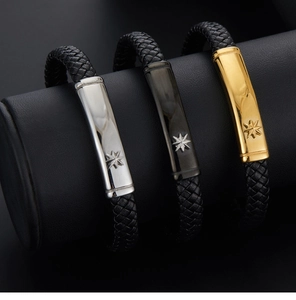 Detail of multi-layered braided leather bracelets with octagram star buckle in three colors