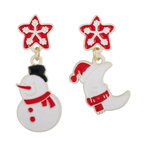 Asymmetric Christmas earrings featuring festive snowman and moon shapes in red and white