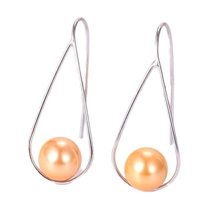 Elegant S925 silver hook earrings with round champagne pearls and teardrop metal frame