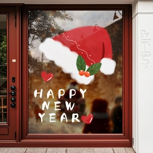 Stickers de Noël pour fenêtres avec bonnets rouges et texte Happy New Year