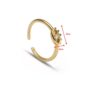 Detail view of gold evil eye ring with dimensions 8mm by 6mm and clear zircon stone