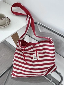 Large capacity red and white striped canvas tote bag with ribbon bow and shoulder strap