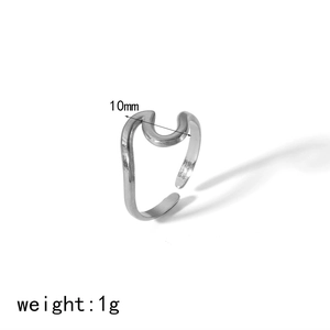 Adjustable silver minimalist stainless steel wave open ring weighing 1g with 10mm width
