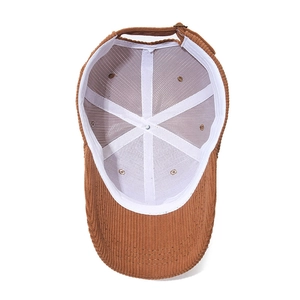 Brown corduroy baseball cap for women showing internal sweatband and stitching details