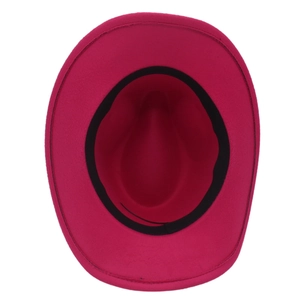 Top view of fuchsia wool felt cowboy hat showing internal black sweatband and stiff brim