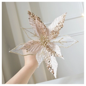 Detailed view of handmade champagne gold flocked lace Christmas flower with glitter sequins