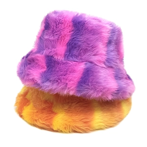 Rainbow tie-dye checkered plush bucket hat set for women in thick faux fur material