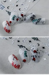 Macro detail of gothic nail stickers featuring dark snakes and red roses on matte nails