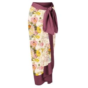 Three-piece floral bikini set with long sarong wrap skirt and burgundy waist tie