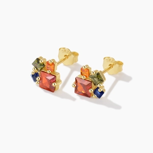 Detailed close-up of S925 silver earrings with colorful square zircon and gold plating