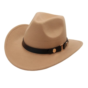 Classic camel felt western cowboy hat with black leather belt and gold metal buckle