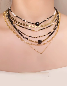 Detail of layered necklace set with black beads, pearls and starburst pendant on mannequin