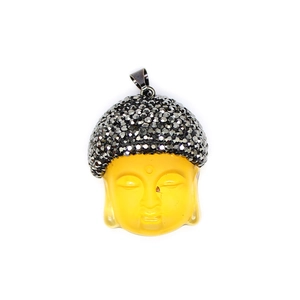 Retro crystal Buddha head pendant with gold copper trim and black crystals on sweater chain