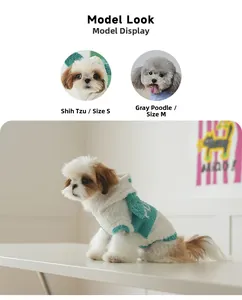 Vue détaillée du pull à capuche pour chien en peluche avec tricot blanc et vert contrasté