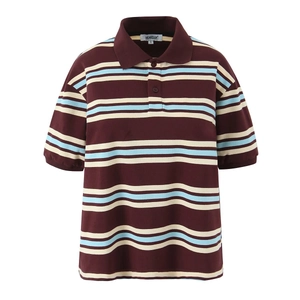 Close-up of a striped knit polo shirt featuring navy, beige, and burgundy wide stripes