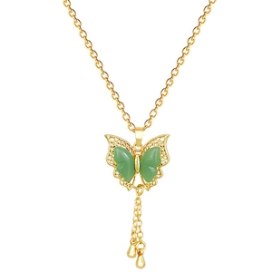 Luxurious gold titanium necklace with green butterfly pendant and elegant tassel detail