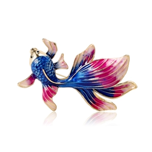 Elegant Chinese goldfish brooch with blue and pink enamel gradients and crystal eyes