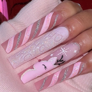 Christmas Pink Long Square Press On Nails Glitter Elk Snowflake HO Pattern Holiday Party Fake Nails Adhesive Tape File