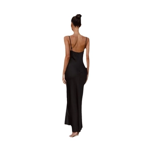 Elegant black satin slip dress featuring deep V-neck and open back design for women