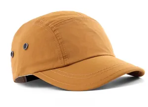 Side view of mustard yellow quick-dry 5-panel cap showing metal vents and stitched brim