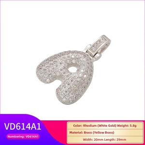 Detail of cubic zirconia bubble letter A pendant in rhodium plated brass finish