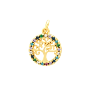 Gros plan du pendentif Arbre de Vie en or 18 carats avec zircons colorés