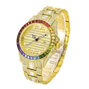 Luxury gold men's watch with rainbow crystal bezel and iced-out diamond dial display