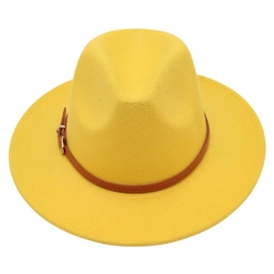 Detail of yellow wool felt fedora with a textured brown leather belt buckle strap