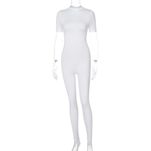 Close-up of white short sleeve jumpsuit featuring slim fit cut and stylish front zipper