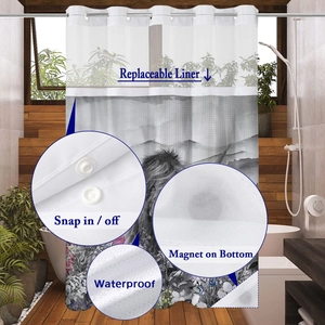 Detail of waffle shower curtain with snap-in liner, waterproof fabric, and weighted magnets