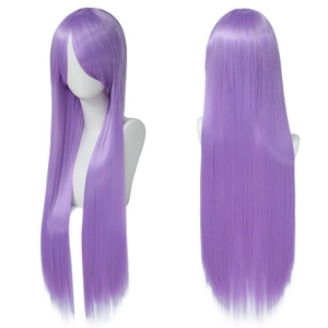 Detailed front and back view of long straight purple cosplay wig with bangs