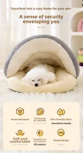 Detail of warm semi-enclosed cloud fleece pet cave with soft plush fabric texture