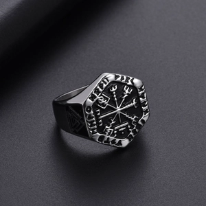 Vintage Nordic Viking Compass Vegvísir ring in silver-black stainless steel for men