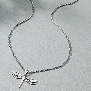 Minimalist silver hollow dragonfly pendant necklace with delicate chain in high gloss finish