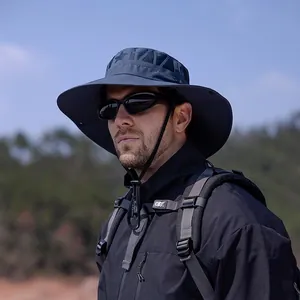 Outdoor sun hat for men in dark blue featuring a wide brim and adjustable chin strap