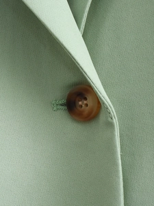 Detail of mint green blazer showing fabric texture and a brown tortoiseshell button