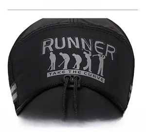 Close-up of black breathable fabric with RUNNER print and adjustable drawstring toggle