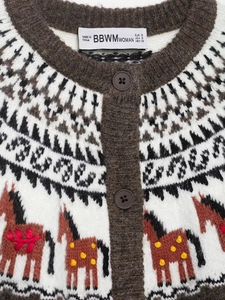 Detailed close-up of Fair Isle knit cardigan featuring grey jacquard and horse motifs