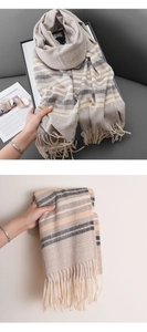 Close-up of striped wool blend scarf in beige and grey featuring soft fringe details