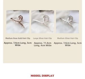 Detailed size specifications for rose gold and silver flower hair claws on silk background