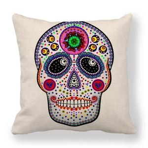 Detailed view of bohemian linen cushion cover with colorful sugar skull pattern
