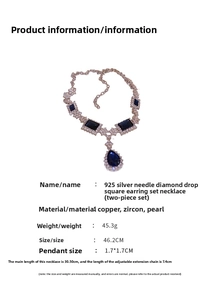 Detailed spec sheet for silver-tone necklace set featuring blue teardrop cubic zirconia