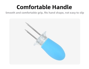 Detail view of double-prong corn holder with ergonomic sky blue non-slip handle