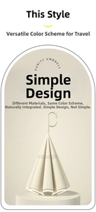 Detail of cream inverted umbrella with C-shaped handle and reflective safety edge