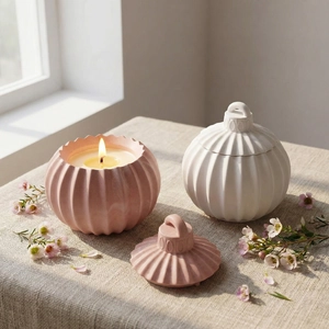 Spherical striped resin molds for DIY candle jars with pumpkin textured lids