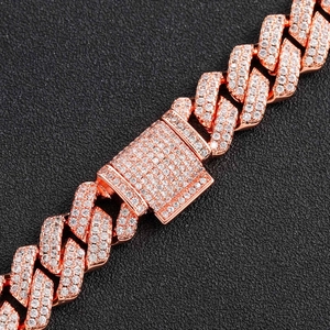 14mm rose gold Cuban link necklace with iced out rhinestones and square buckle detail